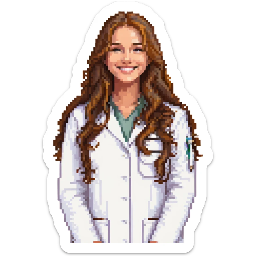 young woman, brown long wavy hair, medical white clothes, friendly, front view, smiling sticker