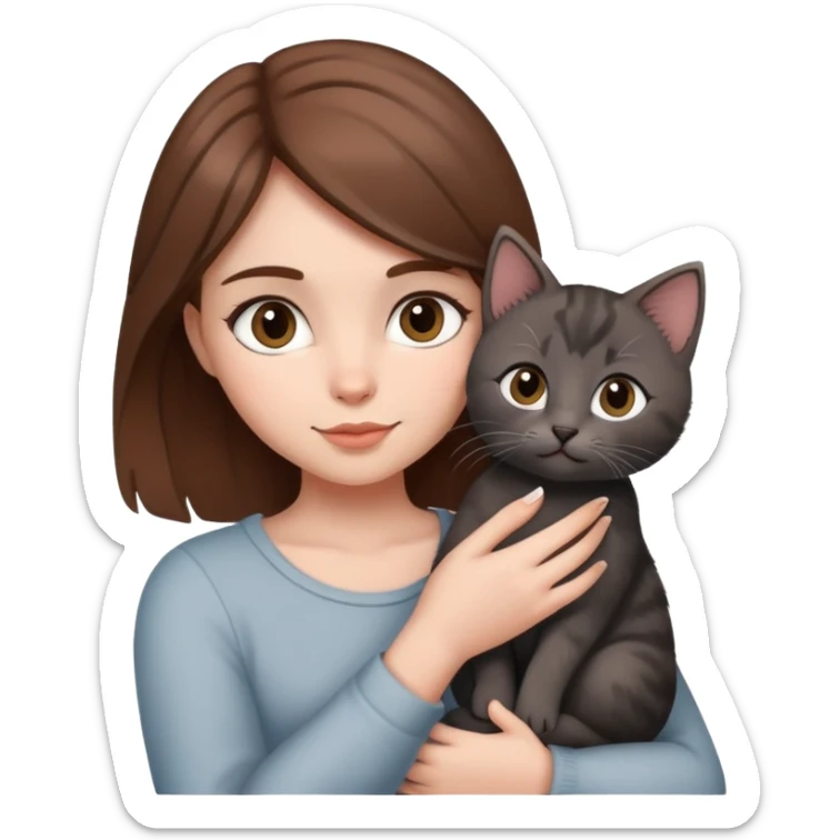Girl with brown hair holding a grey and black kitten with love  sticker