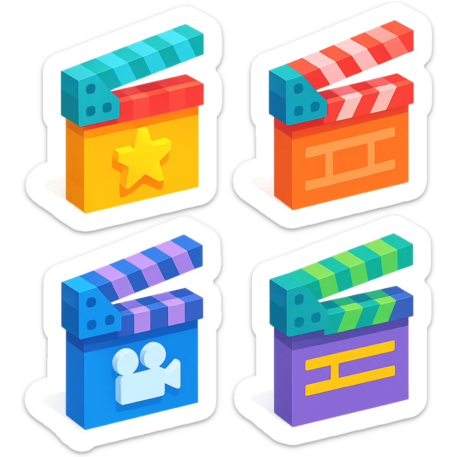 isometric view set of movie clapperboards in voxel style, various colors and patterns on lids, some with stars, stripes, or film icons sticker