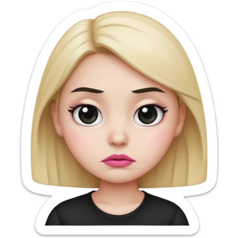  Girl emoji with round face, white skin, sharp eyebrows, frowning face, black shirt, pink lips, and big eyes  sticker