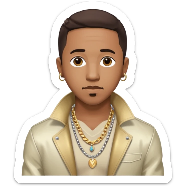 Marques Houston with dark brown hair, shirtless with necklace, metallic ivory jacket sticker