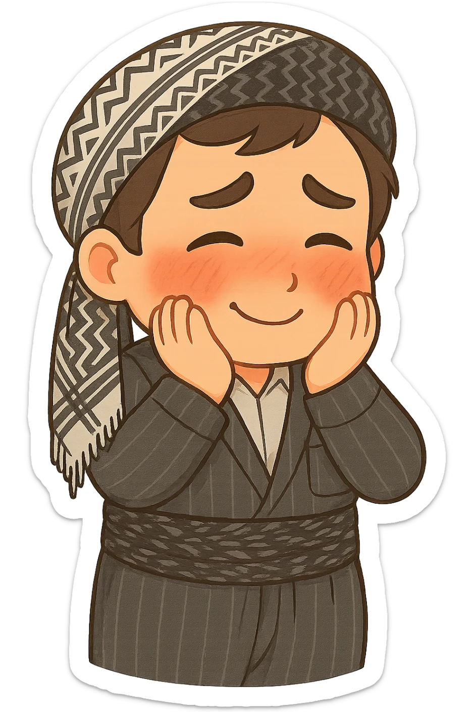 Cartoon sticker of a Kurdish man in the same clothes and scarf as the reference image, no changes to clothes or scarf. Face showing shy and embarrassed expression with red cheeks, looking down or to the side. Both hands on cheeks. Colorful and cheerful style, no shadows or color halos around the image, no text, suitable for WhatsApp and Instagram, with a fully transparent background. sticker