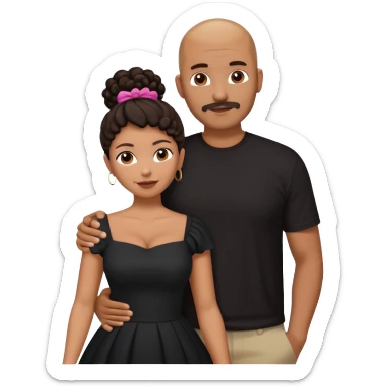 A picture of a tanned couple with the man's arm around her. the man is a Mexican man with tanned skin, a bald hair cut, short beard and wearing a black shirt. the woman is mixed, with curly dark brown hair in a big bun and with big boobs  sticker