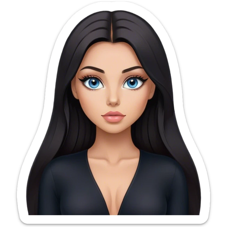 Glamours make-up, tanned, beautiful, girl, with blue eyes, big pump peach-beige-rose lips, eyeliner, long lashes, black straight smooth silky long hair, parting hair in the middle,  in black v-neck bodysuit long sleeves sticker