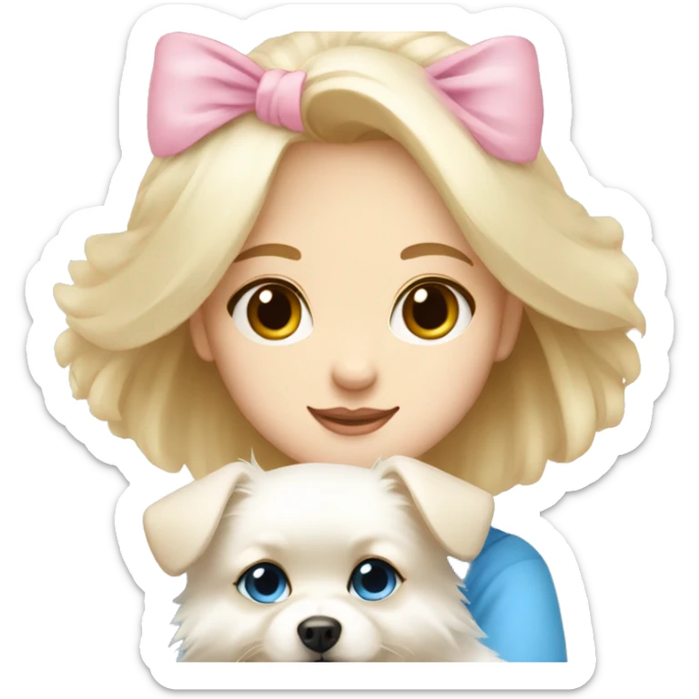 Blond girl white skin blue eyes hugging white Pomeranian with light pink bow sticker