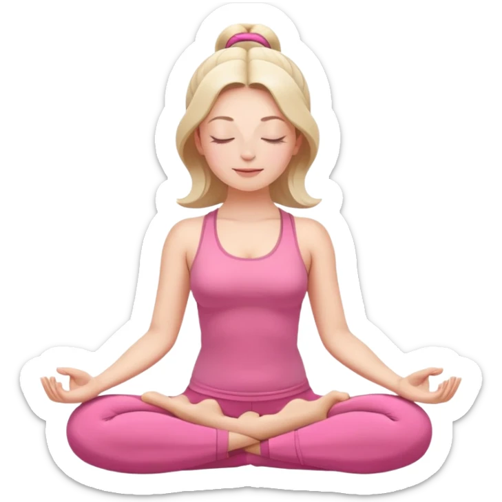 white woman in lotus position meditation yoga pose with closed eyes, relaxed face, wearing pink yoga outfit sticker