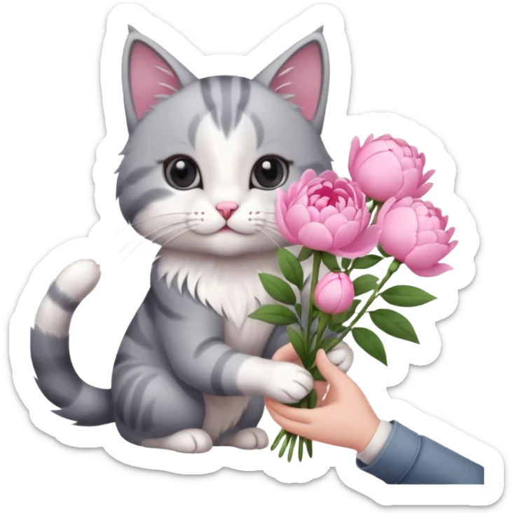 Cute cat Handing pink peonies like reaching a hand and handing them out a bouquet of them not a physical hand the cats hand  make the cat fluffy and grey and white  sticker