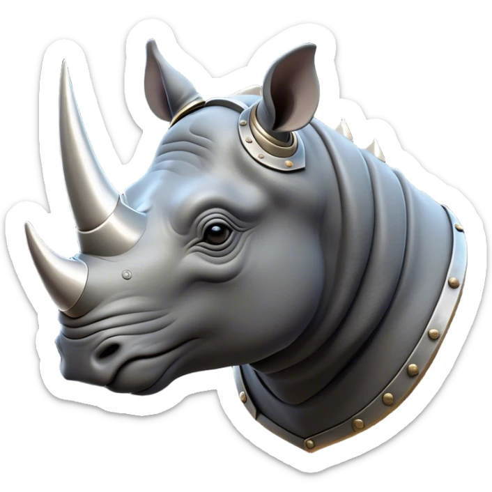 Cinematic Noble Rhinoceros Portrait Emoji, Poised and regal, with a massive, powerful build and a thick, armored hide of slate gray, accented by a prominent, striking white horn, deep-set soulful piercing eyes, Simplified yet sharp and sophisticated features, highly detailed, glowing with a soft, dignified glow, high shine, intelligent and formidable, stylized with an air of ancient might, focused and attentive, soft glowing outline, capturing the essence of a watchful and commanding behemoth, so majestic it feels as though it could charge out of the screen with effortless authority! sticker