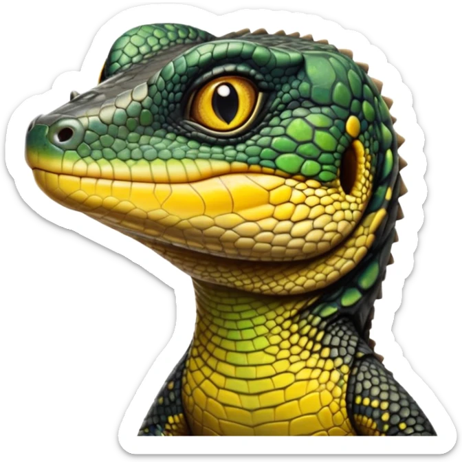 cinematic-realistic-cute-monitor-lizard-portrait-emoji,-head-tilted-playfully-and-inquisitively,-featuring-a-compact,-agile-body-with-finely-detailed,-glossy-scales-in-earthy-black and yellow-hues-and-a-distinct,-alert-face-with-bright,-curious-eyes, black , yellow spotted and green band  scales sticker