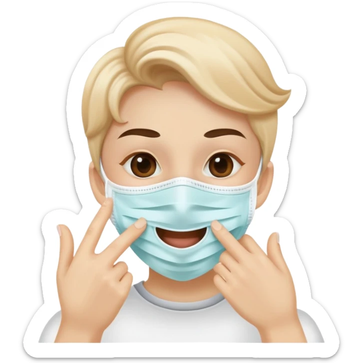 person with a mask, hand near mouth, showing good hygiene, cheerful sticker