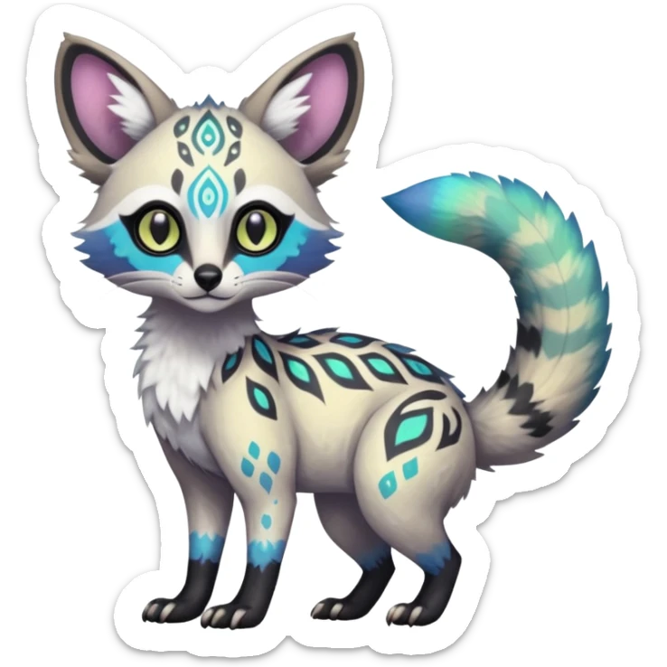 Rare iridescent white exotic epic aesthetic colorful Trico-Genet-species-Fakemon-hybrid-creature, with intricate tattoo markings, full body sticker