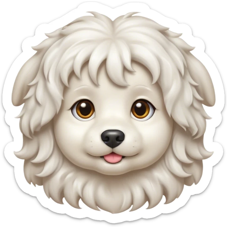 Cinematic Cute Wavy-Haired Maltese dog Portrait Emoji, Head tilted playfully and inquisitively, featuring a luxurious, wavy-haired white coat with a healthy sheen, round, sparkling dark eyes filled with curiosity, Simplified yet irresistibly adorable features, highly detailed, glowing with a warm, friendly glow, high shine, affectionate and lively, stylized with a touch of whimsy, bright and endearing, soft glowing outline, capturing the essence of a mischievous yet loving companion, so playful it feels like it could scamper out of the screen and into your arms! sticker