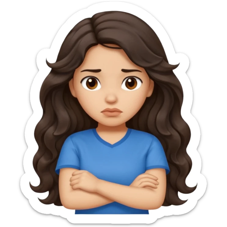 Hispanic girl with long dark brown wavy hair crossing her arms and  pouting sticker