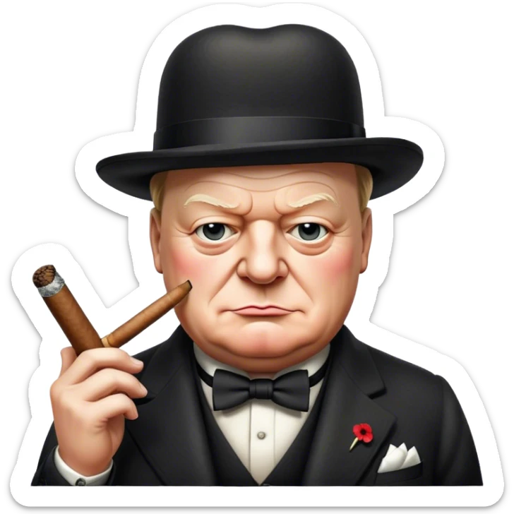 Cinematic Realistic Winston Churchill Portrait Emoji, depicted as a resolute British statesman with a signature bowler hat and a cigar, exuding determined leadership and wartime valor, rendered with lifelike textures and dramatic vintage lighting that captures his iconic British spirit. sticker