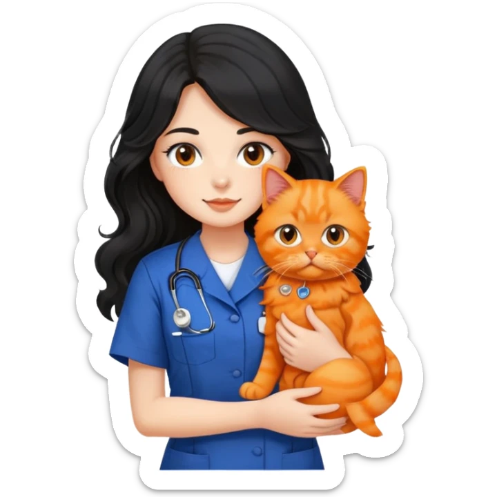 a girl with long black wavy hair in a nursing uniform holding her orange persian cat sticker