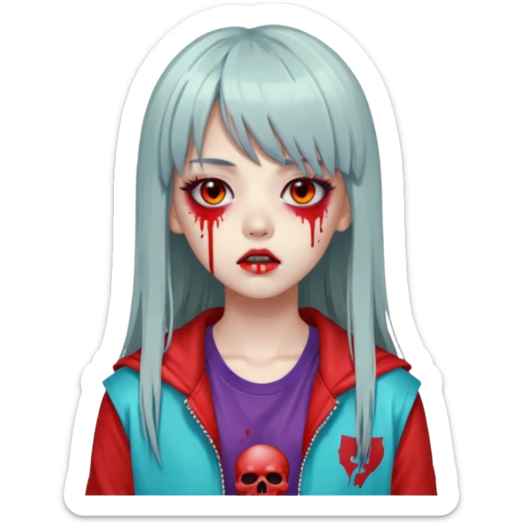  portrait-of-a-zombie-k-pop-idol,-wearing-a-stylish-streetwear-outfit-with-layered-colorful-clothing,-long-hair-with-bangs,-makeup,- sticker