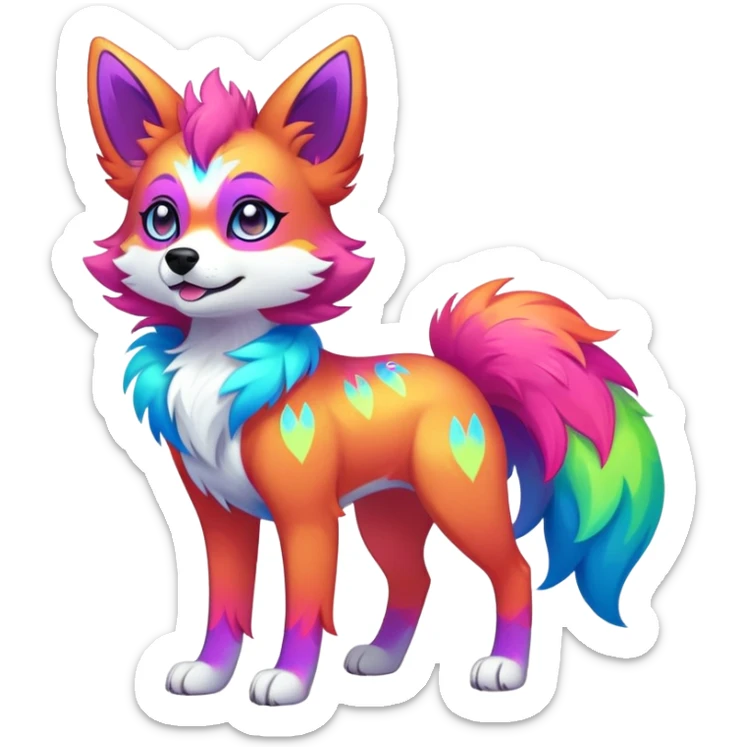 Vibrant multicolored neon-colored Falvie-Fionbri-creature-sparkle-dog-fursona, full body sticker