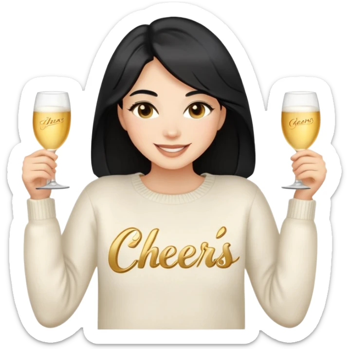 A woman with longer black hair, light to medium skin tone, full cheeks, and almond-shaped eyes, wearing a simple white sweater with the word 'cheers' in gold script, joyful and radiant expression, cheerful, emoji style, just her torso, no hands. sticker