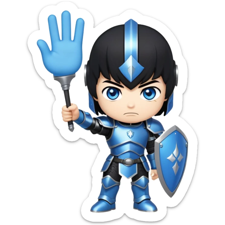 A chibi anime male with black hair and bright blue eyes, wearing black tight armour, angry and waving a sign with the words “No Visitors!” sticker