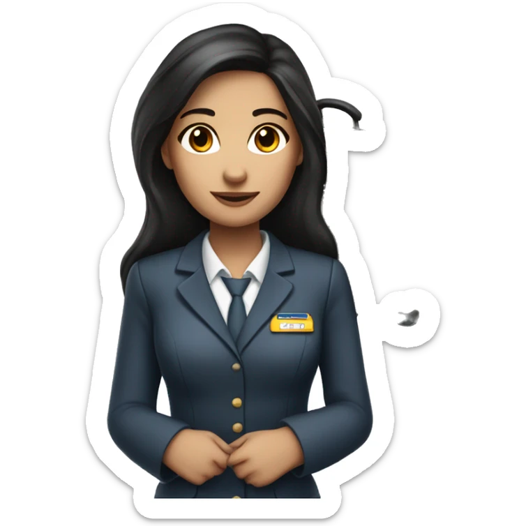 long dark hair brown eyed girl flight attendant holding suitcase no hat sticker