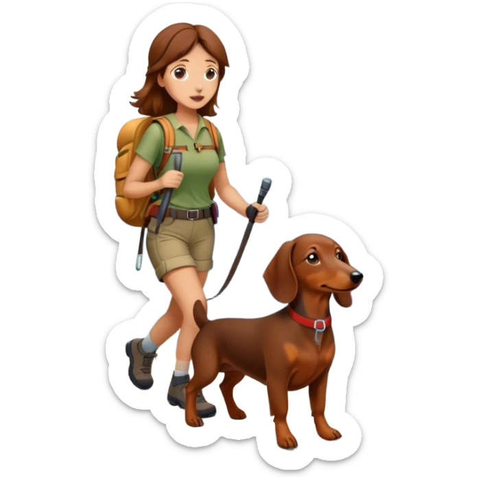 brown daschund dog hiking with a woman with brown hairr a mountain sticker