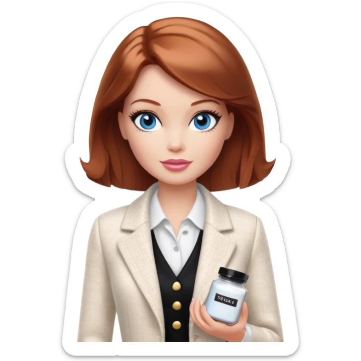 A Barbie girl with blue eyes, shoulder-length reddish-brown hair with makeup, wearing a white tweed jacket and a black skirt, pale beige body cream pot sticker