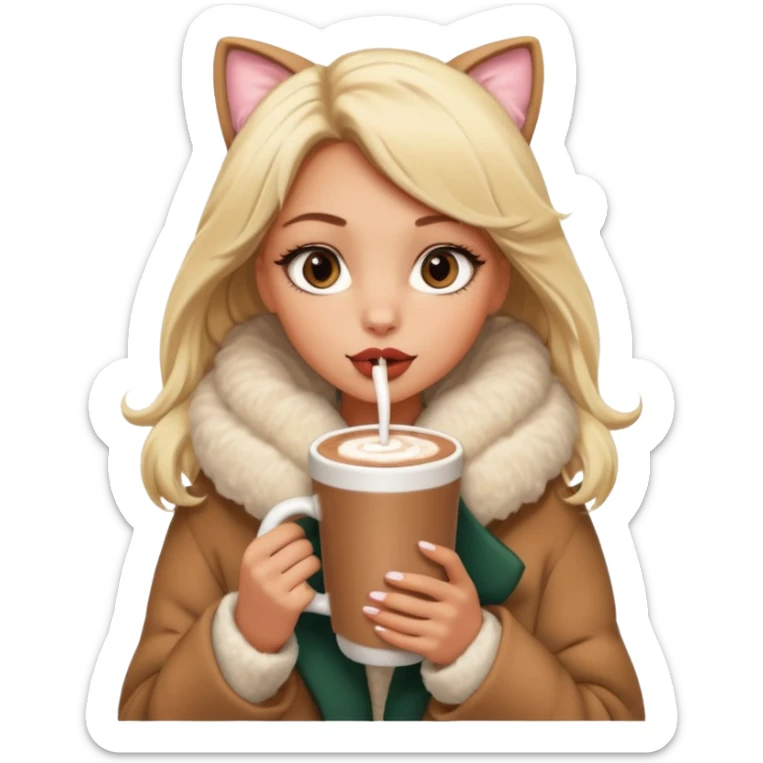 Tanned Girl with lashes , blonde hair, in an extremely big fluffy oversized coat and hold hot chocolate drink and big cat eyes, big lip sticker