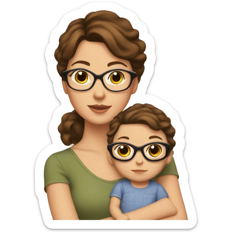mom with short brown hair and glasses and brown haired baby girl sticker