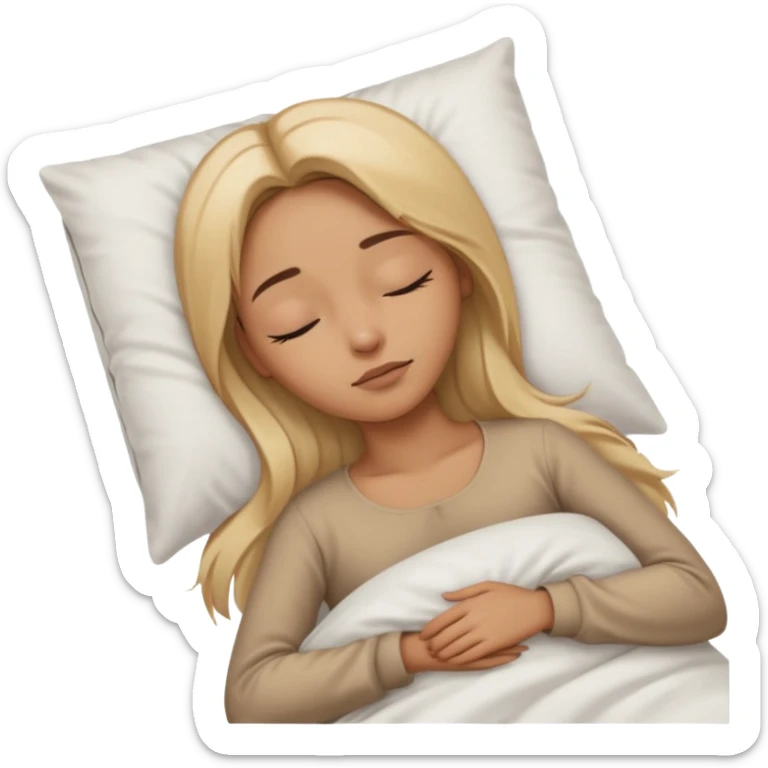 Mujer color de piel moreno claro, con cabello rubio largo, lacio y suelto, ojos negros, durmiendo con sábanas blancas  sticker