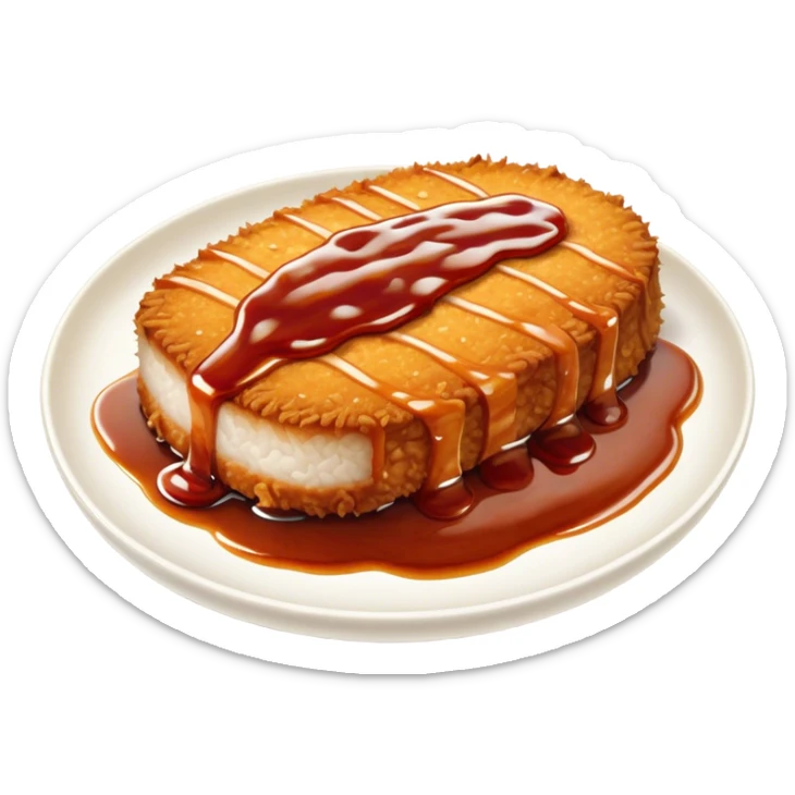 Tonkatsu Cinematic Realistic Tonkatsu Dish Emoji, depicted as a golden, crispy pork cutlet drizzled with tangy BBQ sauce, rendered with detailed textures and dynamic, appetizing lighting. sticker