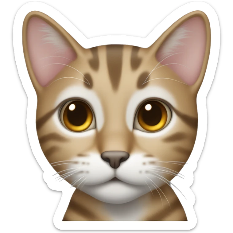  I would like an emoji of a cat with a light brown and gray coat. The cat has a tabby pattern with darker stripes and spots, especially on its legs and tail. The cat’s face has a light-colored snout, a dark nose, and expressive blue eye sticker