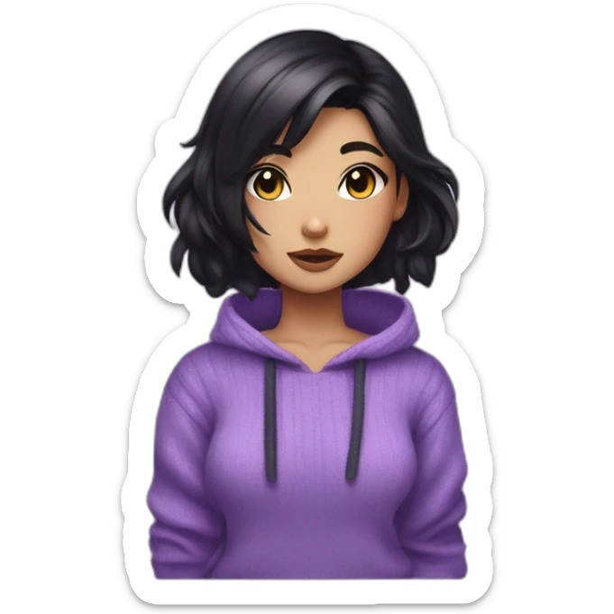 neko girl with black hair side swept bangs with shaved sides and back of head with purple eyes wearing a purple sweater sticker