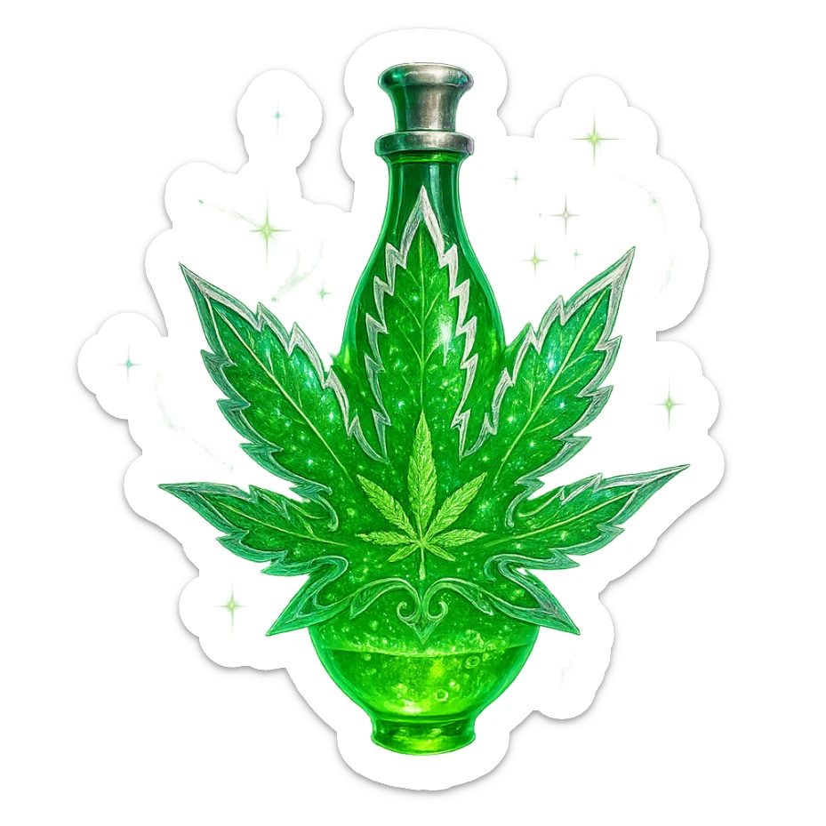 prabangus eliksyro buteliukas, kanapės lapo forma arba su kanapės motyvais, ryškiai žalia spalva, sidabrinės ir holografinės detalės, daug magiškų efektų, labai mažas kaklelis, vientisas dugnas, buteliukas plūduriuoja ore, be pagrindo ar šešėlio, modernus, kolekcijai tinkamas, skaidrus fonas sticker