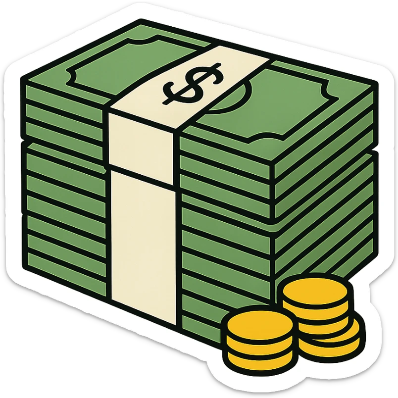 big stack of money, minimalistic, green gold and white color scheme, clean lines sticker