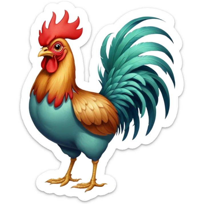 A funny rooster chicken with blue-greenish body, red comb, large eyes and silly expression, skinny legs sticker