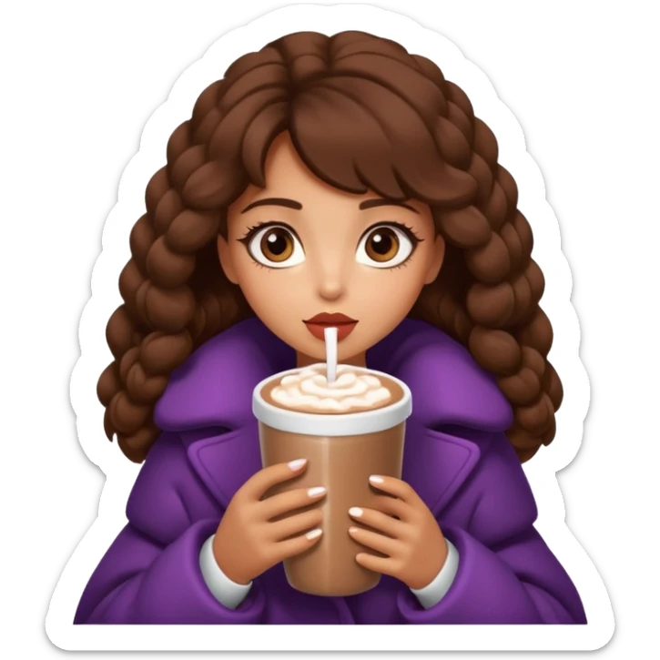 Tanned Girl with lashes , brown hair, in an extremely big fluffy oversized coat and hold hot chocolate drink and big eyes, big lip sticker