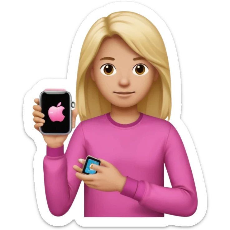 gender neutral person wearing a pink long sleeve shirt, loose hair, wearing a watch on the arm, holding a cellphone in hand, apple emoji style sticker