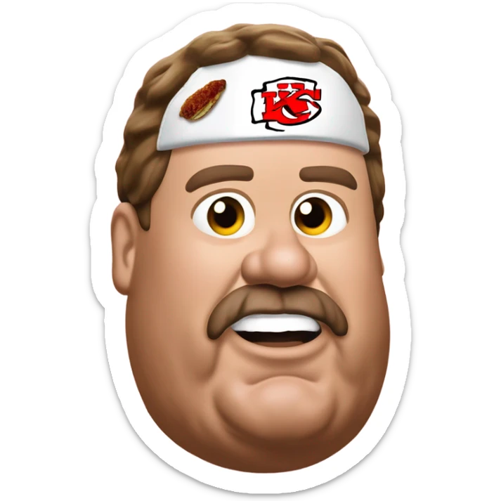 Very obese Andy Reid Kansas City chiefs eating meatloaf wearing a chiefs uniform sticker