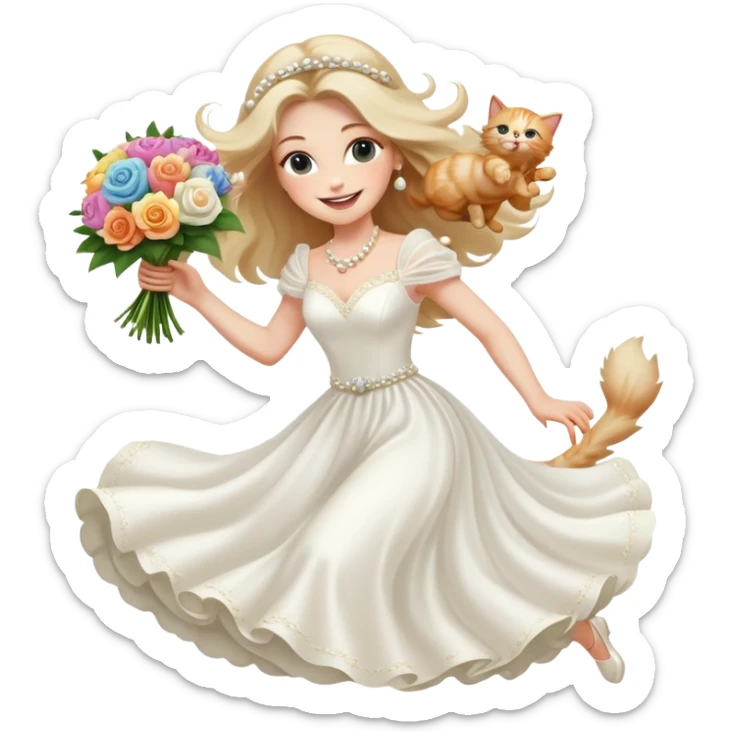 White woman - long hair - white wedding dress - holding a kitten - happy - jumping - fashionable - elegant - bouquet - dreamy - colorful - pearl accessories sticker