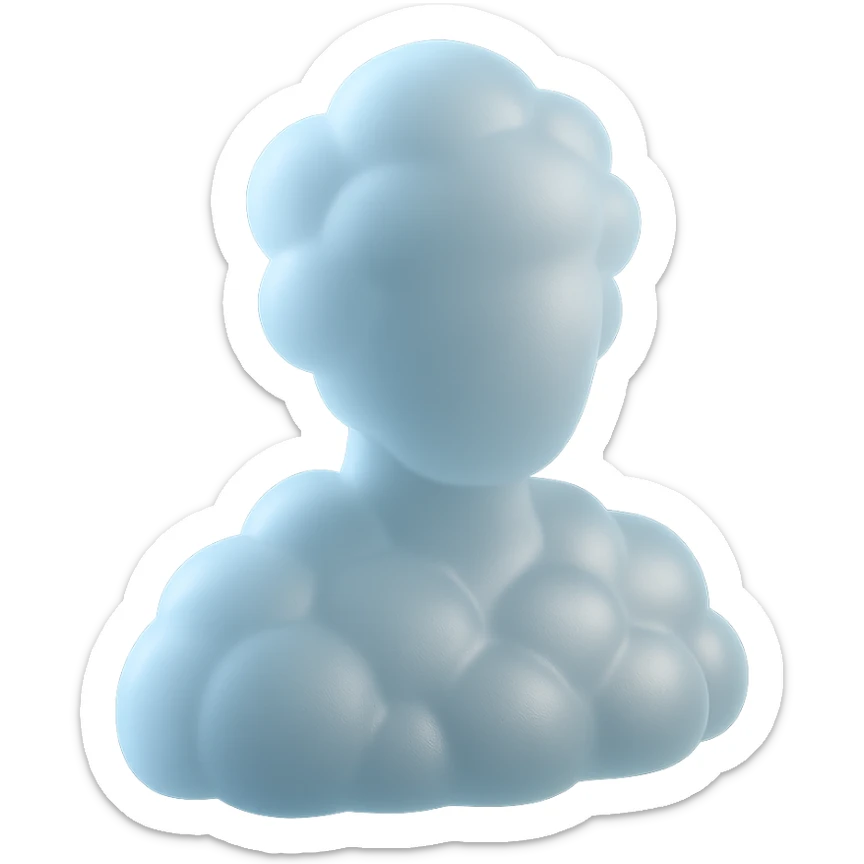 A person from the shoulders up, entirely composed of fluffy white convex clouds sticker