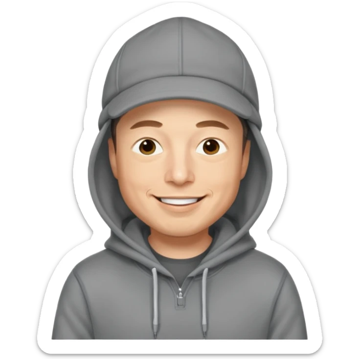 elon musk in gray hoodie full height, wear hoodie hat, happy sticker
