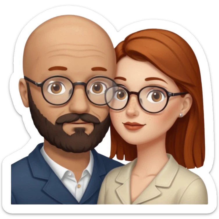 Couple. Bald man with dark brown-black beard. White woman with many small, faded freckles, she has white skin and she has auburn-brown-cinnamon, dark long hair. She has light brown eyes. The man have hazel eyes and glass. She have light eyes. Retro style. She kisses him. sticker