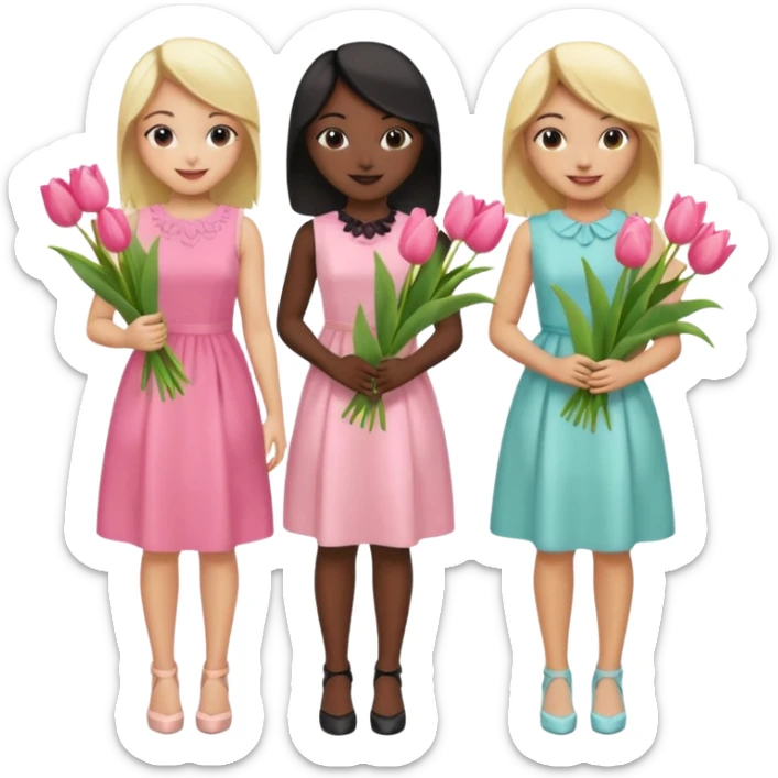 5 girls at a garden party wearing pastel dresses and holding tulips, one is black one is blond, one is asian, one is latina sticker