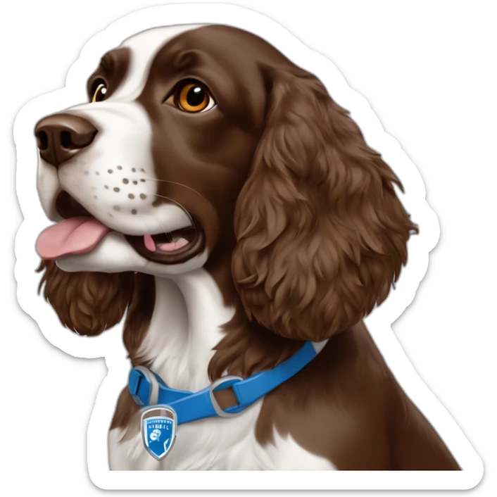 brown springer spaniel wearing detroit lions football helmet sticker