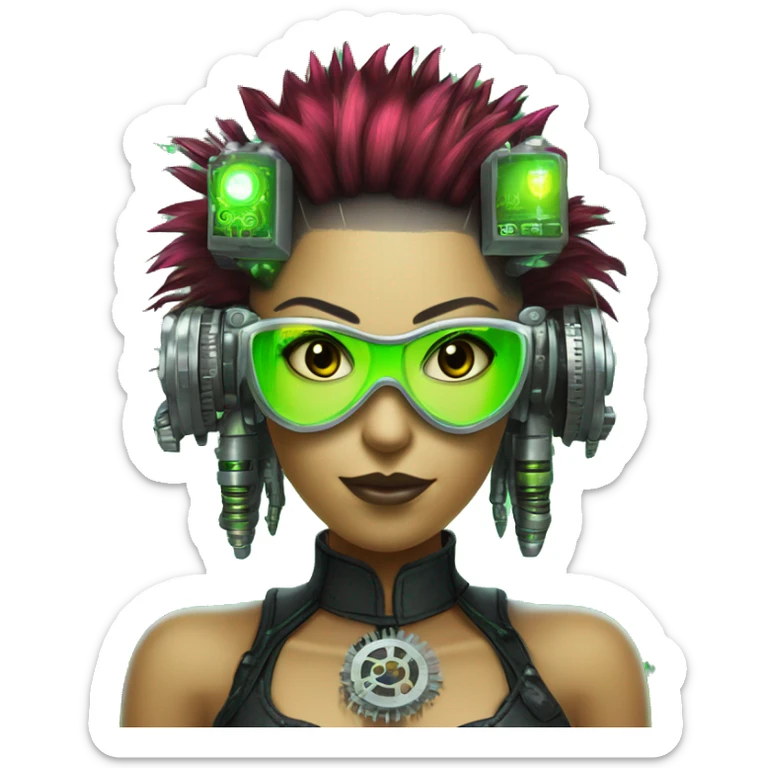 Neon green Mohawk hair Latina female cyborg head with silver steampunk goggles and circuits sticker