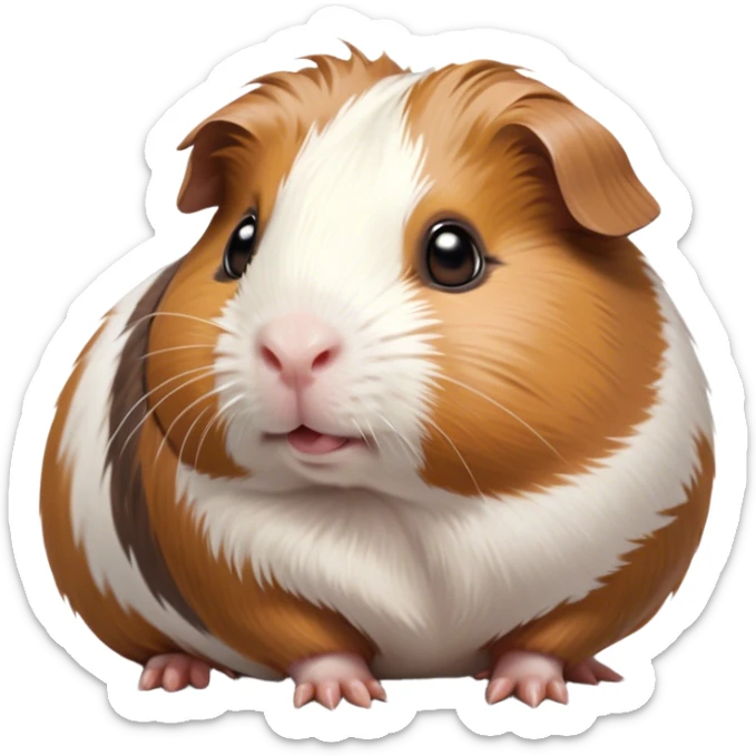 Cinematic Cute Brown and White Banded Guinea Pig Portrait Emoji, Head tilted playfully and inquisitively, showcasing a fluffy coat with playful brown and white banded patterns, round, sparkling dark eyes filled with curiosity, Simplified yet irresistibly adorable features, highly detailed, glowing with a warm, friendly glow, high shine, affectionate and spirited, stylized with a touch of whimsy, bright and endearing, soft glowing outline, capturing the essence of a mischievous yet loving guinea pig, so playful it feels like it could dash out of the screen and into your arms! sticker