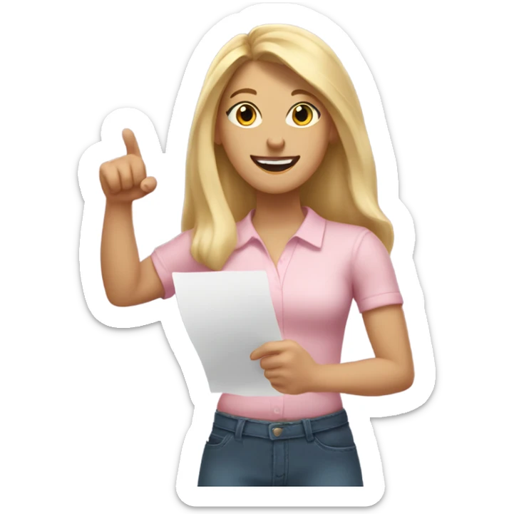 White woman with long blonde hair, wearing a light pink shirt, showing off a completed to do list in one hand, and flexing her other arm sticker