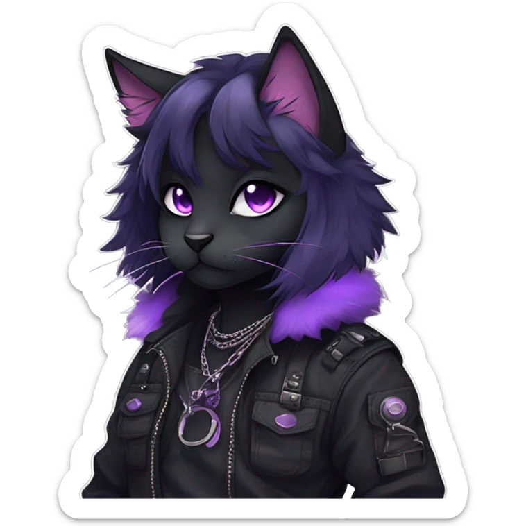 Gorgeous furry gothic dark techwear anime style anthro black cat furry sona Fakemon with blushing face aesthetic and pretty edgy black with violet collar and harness trending style chains cargo pants sticker