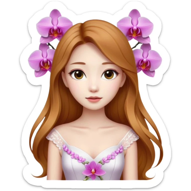 Asian girl with long golden brown hair white skin makeup natural with orchid white/pink only on her left ear, her dress is white  coquette  sticker