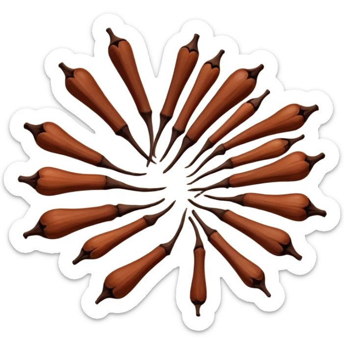 loose scatter of whole cloves, deep brown color, distinctive nail-like shape with rounded heads and tapered stems, dry woody slightly ridged texture, subtle color variations from dark mahogany to reddish brown, soft lighting, subtle shadows, emoji scale sticker